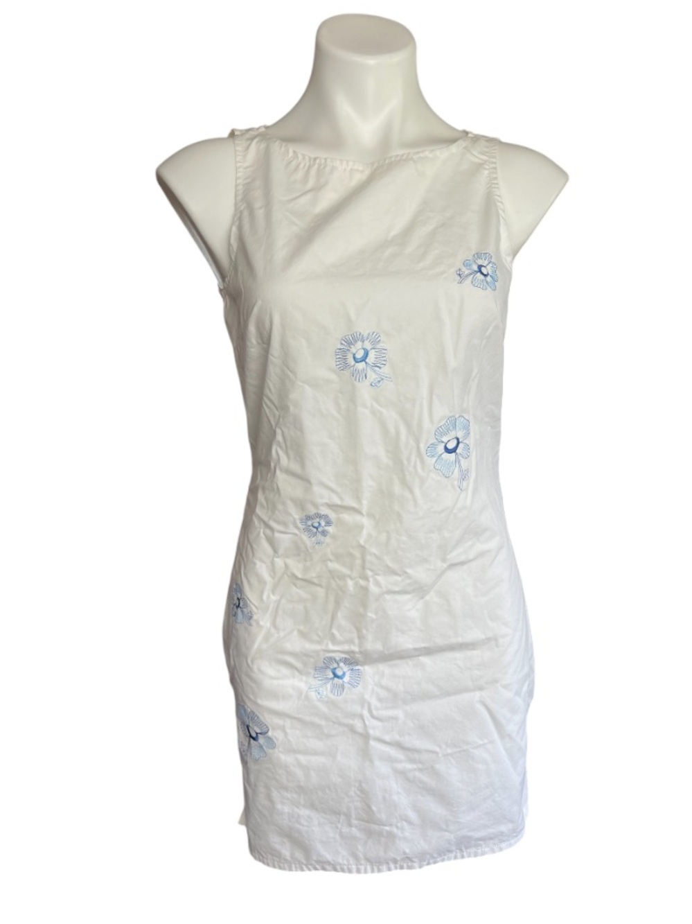 Sleeveless White Mini Dress with Light Blue Floral Embroidery